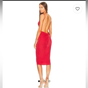 Revolve Talia Midi Dress, open back, red shimmer